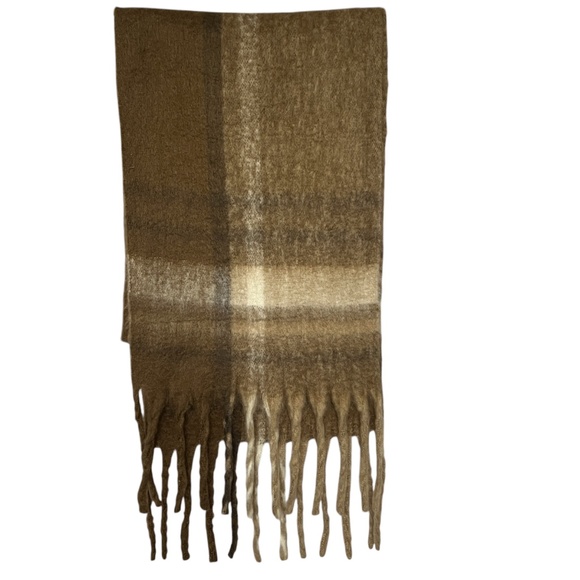 Oak  + Fort Scarf Brown Cream Plaid Fluffy Soft Long Fringe New w. Torn Tag - Picture 2 of 6